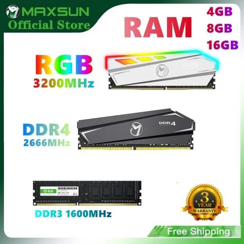 MAXSUN Memoria RAMs DDR4 4GB 8GB 16GB Memory DDR3 1600 2666 3200MHz Ram DDR4 RGB Lighting New Desktop Memory Dimm with Heat Sink