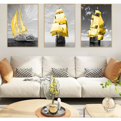 Nordic Yellow Boat Posters Fade Seascape Canvas Painting Modern Wall Art Minimalism Prints Pictures for Living Room Home Decor