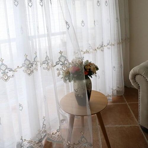 European Embroidered Sheer Curtains for Living Room Bedroom Tulle Curtains Blue Floral Voile Curtains Panel Window Treatments