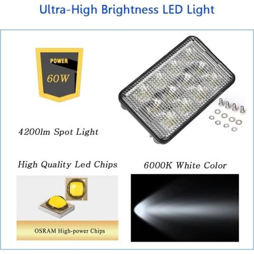 Minjie LED Work Light 60W 9V-32V Led Bar 6000K Square Spot Light Off road 6000K Super Bright LED work light for Truck Car SUV