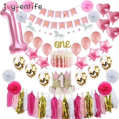 1st Birthday Girl Decorations Birthday Crown Baby First Birthday Decor One Balloon Cake Topper Baby Shower 1nd one year Supplies