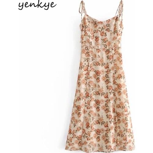 YENKYE Vintage Prairie Chic Floral Print Chiffon Dress Women Sleeveless Sexy Slits Vestido Mujer A-line Midi Sling Summer Dress