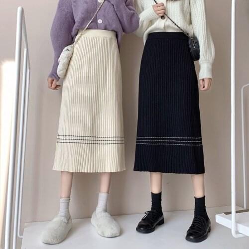 2021 Spring Autumn A-line Vintage Skirts Female Elastic High Waist Skirt Ladies Solid Long Fashion Casual Knitted Skirts H769