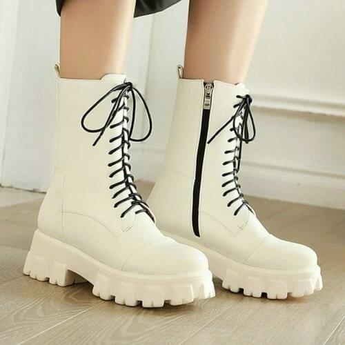 2021 Women Ankle Boots Platform Square Heel Ladies Lace Up Boots PU Leather Side Zipper Womens Boots Black White Beige Khaki