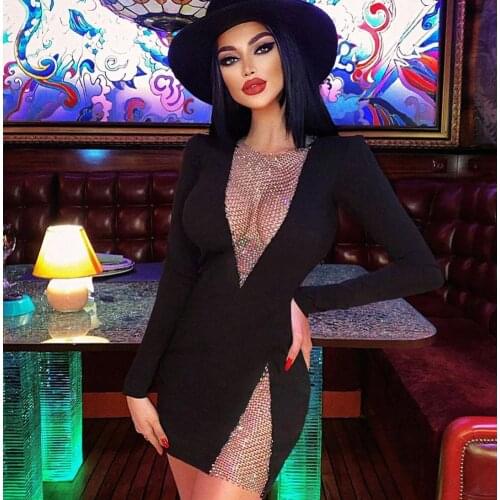 Women Winter Sexy Long Sleeve O Neck Mesh Diamonds Black Mini Bodycon Bandage Dress 2021 Elegant Evening Party Dress Vestidos