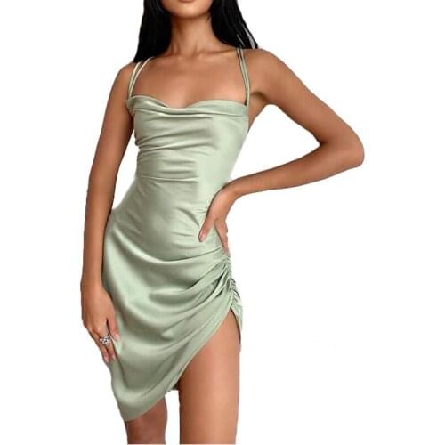 AECU Womens Dresses Slash Neck Satin Pleated Sexy Mini Dress Summer Beach Dress Women Solid Party Streetwear Dresses