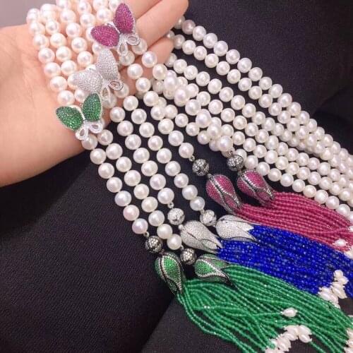 Long fresh water pearl necklace 925 sterling silver butterfly tassels fine women jewelry free shipping