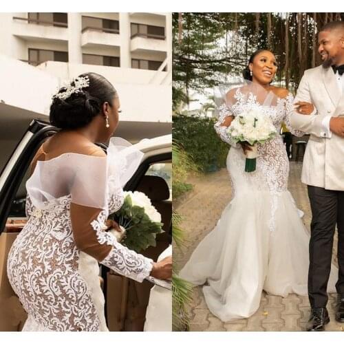 Floral Lace Mermaid Wedding Dresses Sheer Neck Bridal Gown Long Sleeve Vestido De Novia Ruched Garden Custom Made African Plus