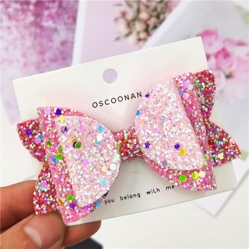 1PCS Lovely Tricolor Leather Glitter 3.4 Inch Bow Elastic Hair Bands Hairpins Dance Party Korean Hair Accessories For Baby Girl