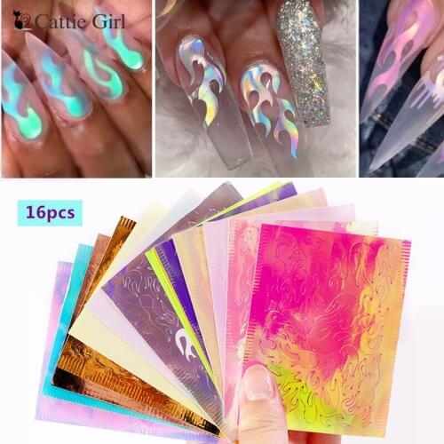 16pcs Aurora Flame 3D Nail Stickers Holographic Nail Art Adhesive Sticker Colorful Leaf Slide Alphabet Nail Art Decals