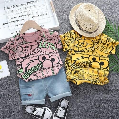 2021 Summer New Boy Pure Cotton Anime Cartoon Printing Fashion Round Neck Short Sleeve Denim Shorts Casual Two-piece Suit