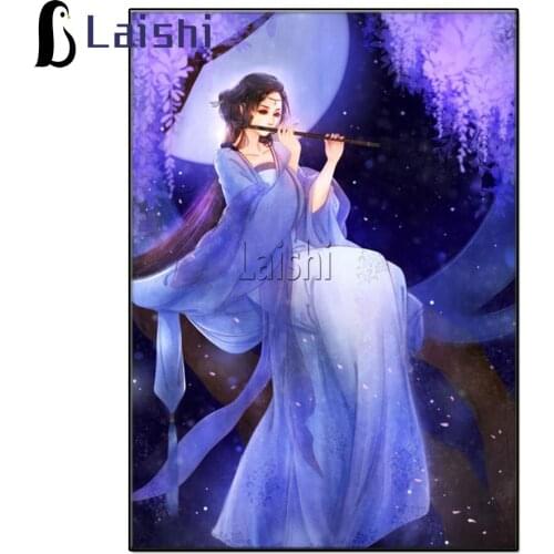 Diamond embroidery Romantic night scene, classical woman playing the flute full square round diamond mosaic home decoration