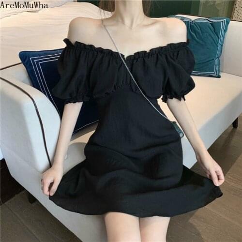 AreMoMuWha 2019 Summer Korean version of the new puff sleeves strapless two dresses dress waist was thin A word dress womenMH425