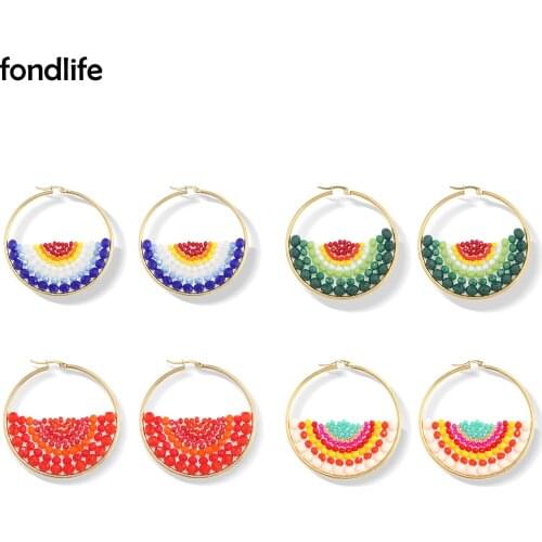 Bohemian Colorful Elegant Rainbow Glass Crystal Beads Stainless Steel Earring Women Girl Personality Party Gift Summer Jewelry