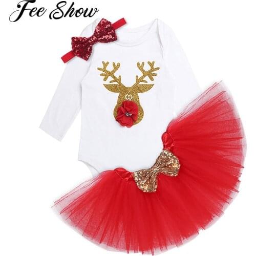 Feeshow Baby Clothes Newborn Baby Girls 1st Christmas Outfit Long Sleeves Reindeer Romper with Tutu Skirt Headband Set