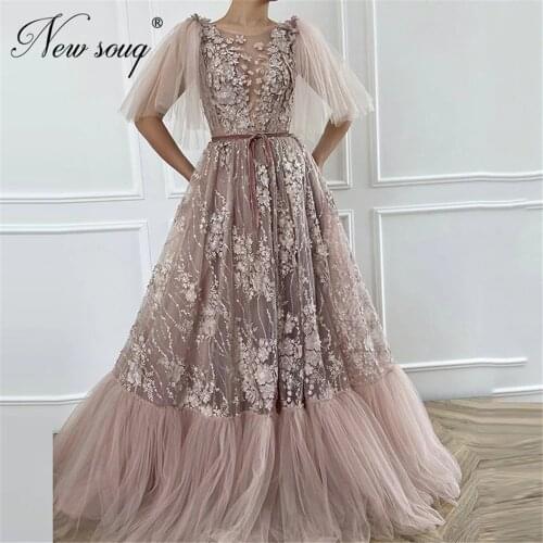 Dubai 3D Flowers Evening Dresses Appliques Formal Women Party Gowns Tulle Arabic Prom Dress For Wedding Robe De Soiree 2020