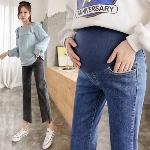 Pregnant womens cigarette tube jeans spring and autumn cropped trousers pregnant women belly lift pants fashion denim casual pa