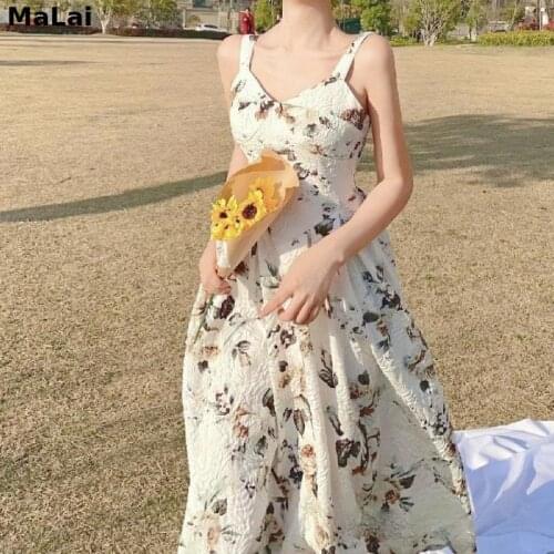 French Vintage Strap Floral Dress Women Elegant Sexy Party Backless Midi Dresses Summer 2021 New Sweet Holiday Revolve Dresses