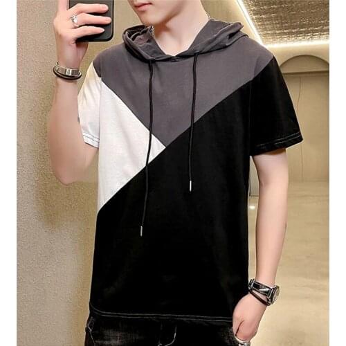 Summer Hooded T-shirt Men Fashion Trend Cotton Clothes Splicing Short Sleeve Round Neck Personality Original Design Loose Tshirt