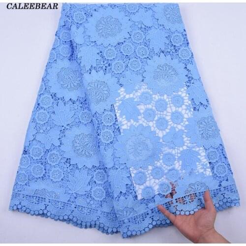 Sky Blue African Guipure Cord Lace Fabric Nigerian Water Soluble Cord Lace Materials With Stones For Wedding Party Dress S2139
