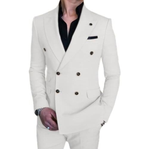 SOLOVEDRESS Mens Suit White Casual Two-piece Double-Breasted Office Meeting Blazer+ Pants Customizable