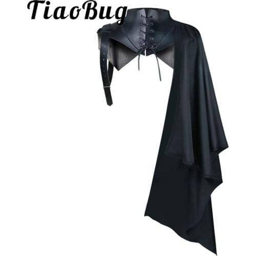 Adult Vampire Cosplay Costume Faux Leather Shoulder Armor Cape Cloak Adjustable Strap Retro Lace-up Front Tops For Halloween