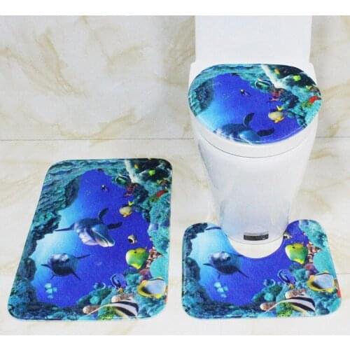 Ocean cartoon carpet absorbent floor mat U-shaped non-slip bathroom mat set flannel printed toilet set bathroom decoration