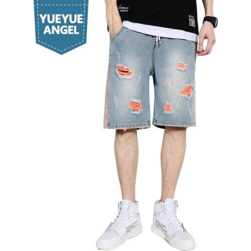 Summer Mens Loose Fit Knee Length Hole Ripped Jeans Casual Streetwear Cargo Shorts Cowboy Side Patchwork Shorts Plus Size 5XL