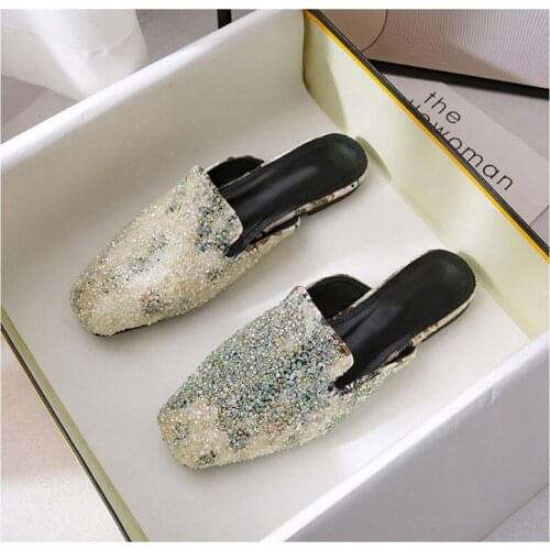 Summer Rhinestone Flowers Womens slippers outdoor Women slippers Flat Muller slippers Fashion Sandals Fashion Leather Shoes