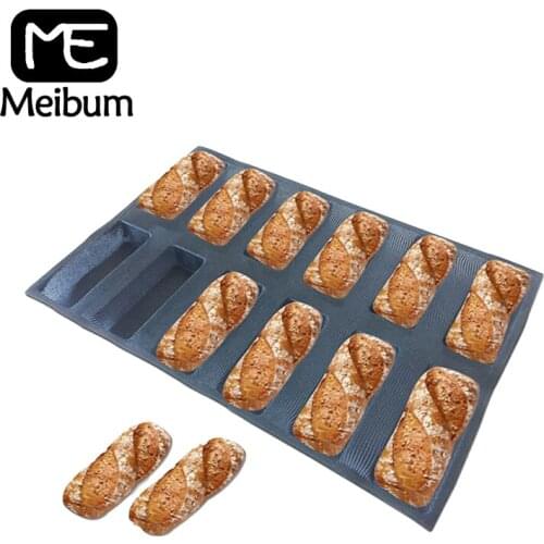 Meibum 12 Cavity Square Bread Glass Fiber Silicoe Baking Mold Non Stick Bake Tray Long Loaf Hot Dog Baguette Eclair Porous Mould