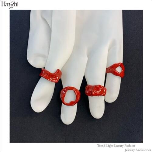 Fashion Design New Year Festive Wine Red Style White Exaggerated Lava Dripping Oil ring Does not Fade Women‘s Brass Ring 2021