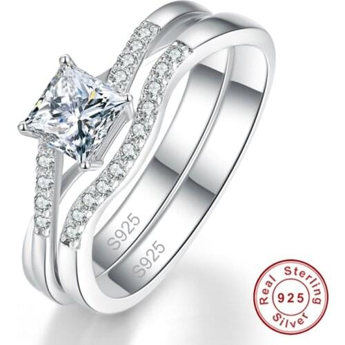 New 1 Pair Bridal Set Princess Cut 5*5mm Square Gemstone Twisted Wedding Ring Womens White Crystal Fine Jewelry Daily Rings