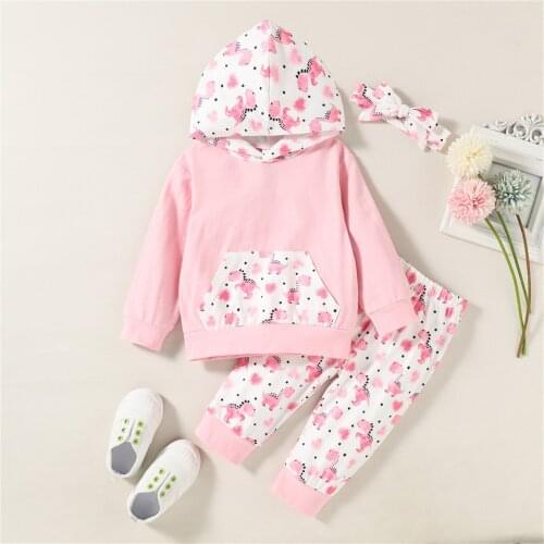 2021 New Baby Autumn Clothes Toddler Baby Kids Girls Cute Cartoon Hoodie Sweatshirt Tops+Pants+Headband Set Детская одежда