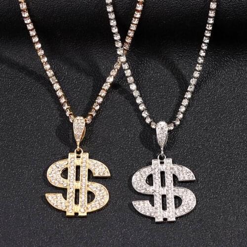 Novelty Crystal Dollar Pendant Tennis Chain Necklace For Women Punk Hiphop Big Dollar Sign Rhinestone Choker Collar Party Jewely