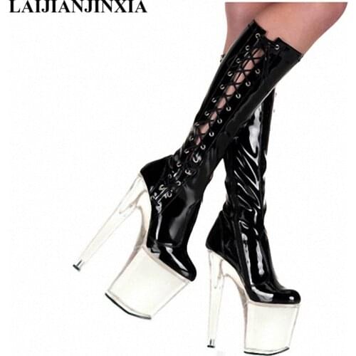 LAIJIANJINXIA New 20CM Ultra High Heels Knee-High Boots Black High Heel Woman Boot Clear Heeled Patent Leather Dance Boots