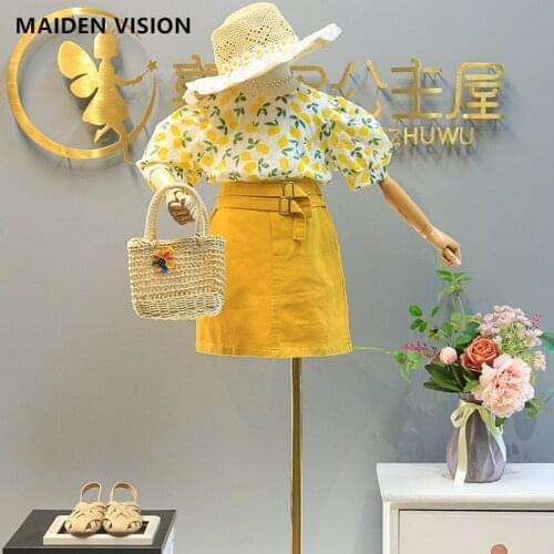 New Arrival Baby girls outfit girl Fashion Suit yellow Floral print top T-shirt+Denim skirt Kids Clothes infant girl Suit 2-8y