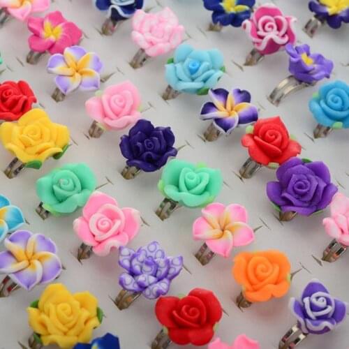 Wholesale 10pcs/lot Colorful Rose Flower Girls Children Finger Rings Adjustable Polymer Clay Kids Rings Party Gift