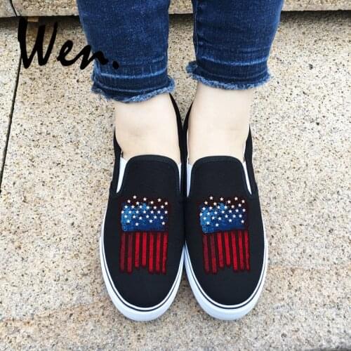Wen Original Design Black Skateboard Shoes Usonian Cool Stripes Stars National Slip On Canvas Sneakers for Men Womens Gifts