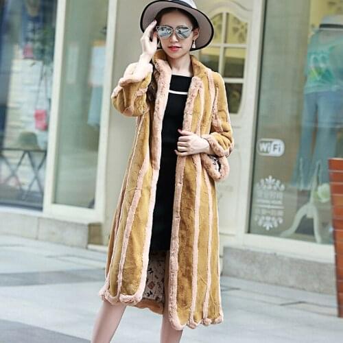 Top brand size Stand Plus Collar Stripe Faux Fur Coat N42 high quality