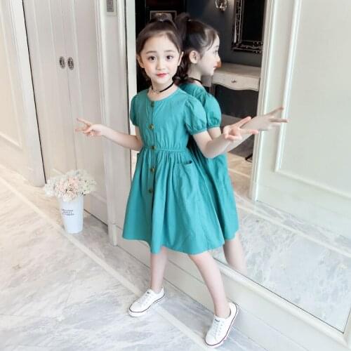 Girls Dresses Summer Children Short Sleeve Pockets Dress Solid Color Kids Clothes