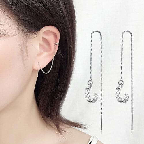 925 Sterling Silver Simple Semi-circular Chain Clip Earrings For Women Long Tassel Earrings oorbellen pendientes S-E791