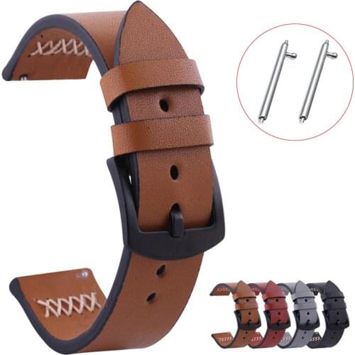 Stitching Genuine Leather Watch Band With Black Metal Buckle 20mm 22mm 24mm 26mm Wristband Strap With Quick Release Pins