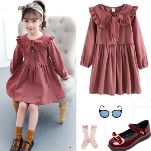Spring Autumn Children Long-Sleeved Princess Dress For Girls Corduroy Ball Gown Peter Pan Collor Dresses 4 5 6 7 10 12 Years old