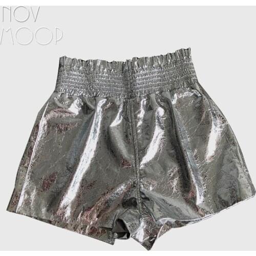 Novmoop women summer autumn outwear high waist A-line glossy patent sheepskin genuine leather shorts spodenki damskie LT3135