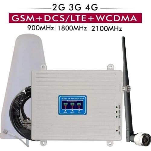 2G 3G 4G Tri Band Booster GSM 900+DCS/LTE 1800+WCDMA/UMTS 2100mhz Cell Phone Signal Repeater Cellular Amplifier Antenna Set 65dB