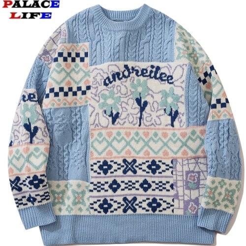 Vintage Sweater Men Streetwear Patchwork Flower Print Harajuku 2021 Autumn Winter Cotton Casual Couple Pullover Sweater