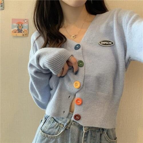 Knitwear Spring and Autumn Top Color Button Cardigan Baggy Coat V-neck Long Sleeve Sweater Short Womens Fashion