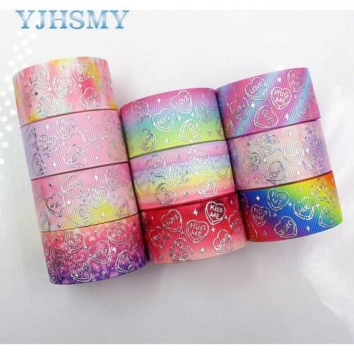 YJHSMY D-18407-649,25 mm 5 Yards laser Silver Love heart Printed grosgrain ribbon DIY headdress wedding gift wrap material