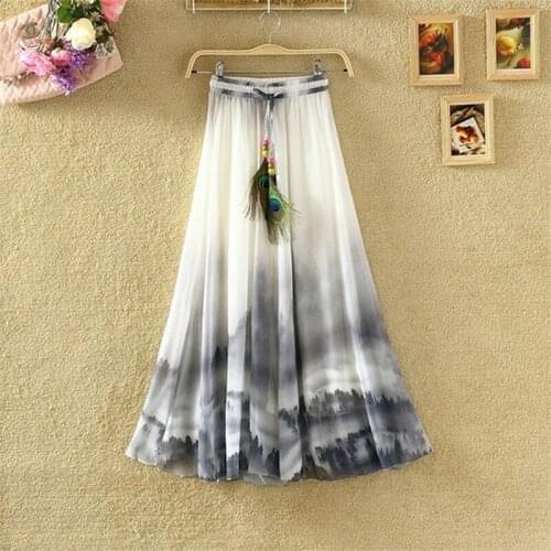 Women Fashion Florals Print Long Skirt Female Boho Style Elastic High Waist Chiffon Casual Beach Skirts Saias 3 Color Summer