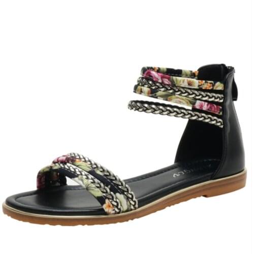 KMOGOER 2021 Summer Flat-heel Ethnic Style Bohemian Roman Style Flat Back Zipper Rhinestones with Skirt Female Sandals Casual